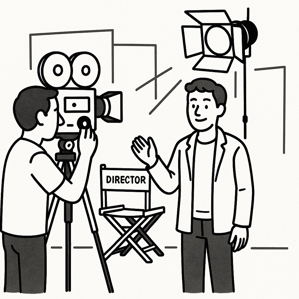 Simple drawing of an actor being filmed on a movie set., None